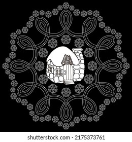 Art therapy coloring page. Outline Mandala and Cute House for coloring. Decorative round ornament. Anti-stress therapy scheme. Weaving design element.

