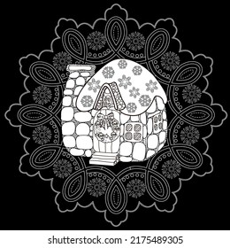 Art therapy coloring page. Outline Mandala and Cute House for coloring. Decorative round ornament. Anti-stress therapy scheme. Weaving design element.
