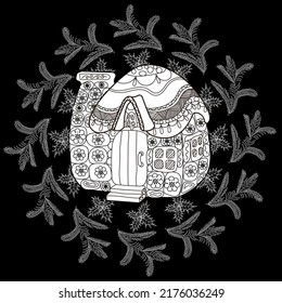 Art therapy coloring page. Outline Mandala and Cute House for coloring. Decorative round ornament. Anti-stress therapy scheme. Weaving design element.
