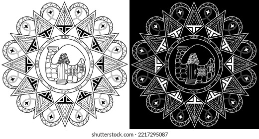 Art therapy coloring page. Outline Mandala and Cute House for coloring. Decorative round ornament. Anti-stress therapy scheme. Weaving design element.
