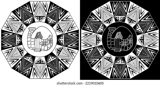 Art therapy coloring page. Outline Mandala and Cute House for coloring. Decorative round ornament. Anti-stress therapy scheme. Weaving design element.
