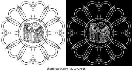 Art therapy coloring page. Outline Mandala and Cute House for coloring. Decorative round ornament. Anti-stress therapy scheme. Weaving design element.
