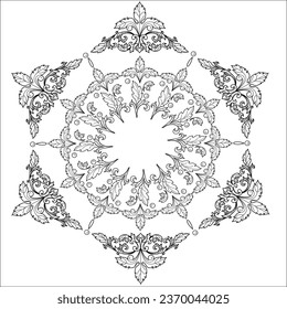 Art therapy coloring page. Outline Mandala and Christmas Bauble for coloring. Decorative round ornament. Anti-stress therapy scheme. Weaving design element