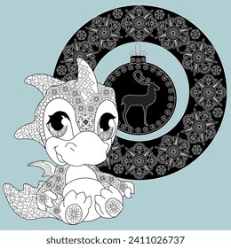 Art therapy coloring page. Outline Mandala and Cute Dragon for coloring. Decorative round ornament. Anti-stress therapy scheme. Weaving design element.