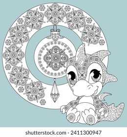 Art therapy coloring page. Outline Mandala and Cute Dragon for coloring. Decorative round ornament. Anti-stress therapy scheme. Weaving design element.