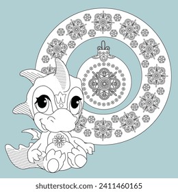 Art therapy coloring page. Outline Mandala and Cute Dragon for coloring. Decorative round ornament. Anti-stress therapy scheme. Weaving design element.