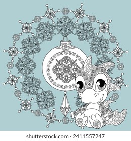 Art therapy coloring page. Outline Mandala and Cute Dragon for coloring. Decorative round ornament. Anti-stress therapy scheme. Weaving design element.