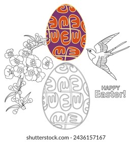 Art therapy coloring page. Painting an Easter egg according to the sample. Easter card. Colouring pictures for adults and children. Antistress freehand sketch drawing.