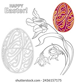 Art therapy coloring page. Painting an Easter egg according to the sample. Easter card. Colouring pictures for adults and children. Antistress freehand sketch drawing.