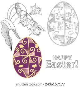 Art therapy coloring page. Painting an Easter egg according to the sample. Easter card. Colouring pictures for adults and children. Antistress freehand sketch drawing.