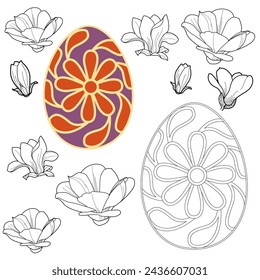Art therapy coloring page. Painting an Easter egg according to the sample. Easter card. Colouring pictures for adults and children. Antistress freehand sketch drawing.