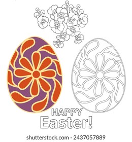 Art therapy coloring page. Painting an Easter egg according to the sample. Easter card. Colouring pictures for adults and children. Antistress freehand sketch drawing.
