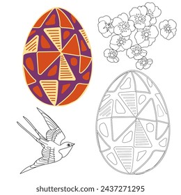 Art therapy coloring page. Painting an Easter egg according to the sample. Easter card. Colouring pictures for adults and children. Antistress freehand sketch drawing.
