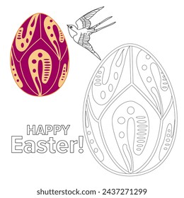 Art therapy coloring page. Painting an Easter egg according to the sample. Easter card. Colouring pictures for adults and children. Antistress freehand sketch drawing.
