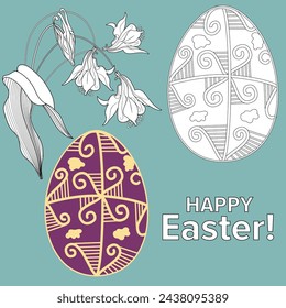Art therapy coloring page. Painting an Easter egg according to the sample. Easter card. Colouring pictures for adults and children. Antistress freehand sketch drawing.
