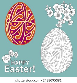 Art therapy coloring page. Painting an Easter egg according to the sample. Easter card. Colouring pictures for adults and children. Antistress freehand sketch drawing.