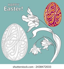 Art therapy coloring page. Painting an Easter egg according to the sample. Easter card. Colouring pictures for adults and children. Antistress freehand sketch drawing.