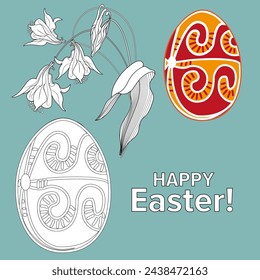 Art therapy coloring page. Painting an Easter egg according to the sample. Easter card. Colouring pictures for adults and children. Antistress freehand sketch drawing.