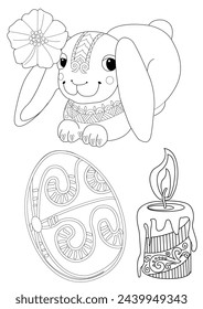 Art therapy coloring page. Painting an Easter egg and Easter bunny. Easter card. Coloring pages for adults and children. Anti-stress hand drawing.
