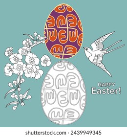 Art therapy coloring page. Painting an Easter egg according to the sample. Easter card. Colouring pictures for adults and children. Antistress freehand sketch drawing.