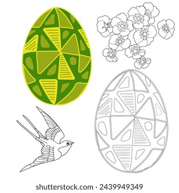Art therapy coloring page. Painting an Easter egg according to the sample. Easter card. Colouring pictures for adults and children. Antistress freehand sketch drawing.