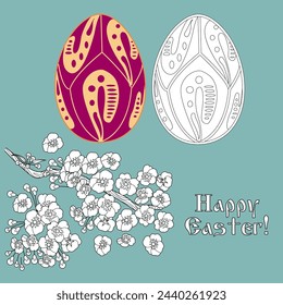 Art therapy coloring page. Painting an Easter egg according to the sample. Easter card. Colouring pictures for adults and children. Antistress freehand sketch drawing.