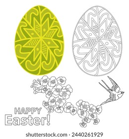 Art therapy coloring page. Painting an Easter egg according to the sample. Easter card. Colouring pictures for adults and children. Antistress freehand sketch drawing.