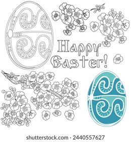 Art therapy coloring page. Painting an Easter egg according to the sample. Easter card. Colouring pictures for adults and children. Antistress freehand sketch drawing.
