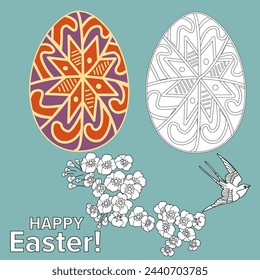 Art therapy coloring page. Painting an Easter egg according to the sample. Easter card. Colouring pictures for adults and children. Antistress freehand sketch drawing.
