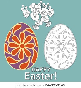 Art therapy coloring page. Painting an Easter egg according to the sample. Easter card. Colouring pictures for adults and children. Antistress freehand sketch drawing.
