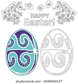 Art therapy coloring page. Painting an Easter egg according to the sample. Easter card. Colouring pictures for adults and children. Antistress freehand sketch drawing.
