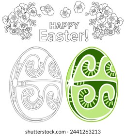 Art therapy coloring page. Painting an Easter egg according to the sample. Easter card. Colouring pictures for adults and children. Antistress freehand sketch drawing.
