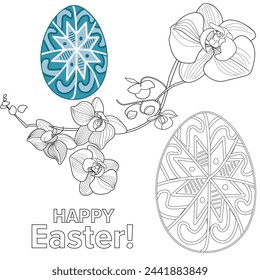 Art therapy coloring page. Painting an Easter egg according to the sample. Easter card. Colouring pictures for adults and children. Antistress freehand sketch drawing.
