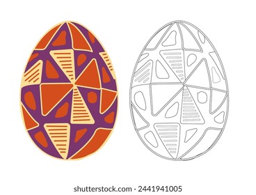 Art therapy coloring page. Painting an Easter egg according to the sample. Easter card. Colouring pictures for adults and children. Antistress freehand sketch drawing.