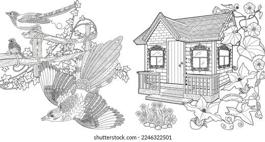 Art therapy coloring page. Coloring pictures with a cute village house and a magpie. Fairy tale illustration. Coloring books will make you feel better. Coloring drawings is an effective art therapy pr