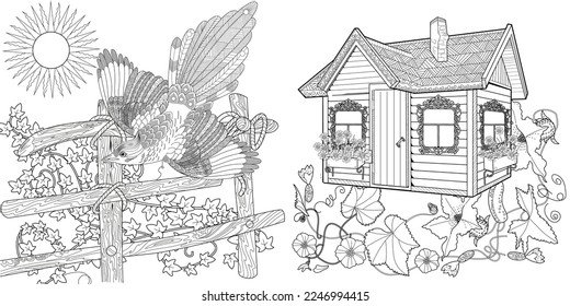 Art therapy coloring page. Coloring pictures with a cute village house and a magpie. Fairy tale illustration. Coloring books will make you feel better. Coloring drawings is an effective art therapy pr