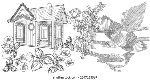 Art therapy coloring page. Coloring pictures with a cute village house and a magpie. Fairy tale illustration. Coloring books will make you feel better. Coloring drawings is an effective art therapy pr