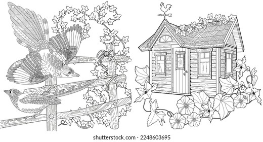 Art therapy coloring page. Coloring pictures with a cute village house and a magpie. Fairy tale illustration. Coloring books will make you feel better. 