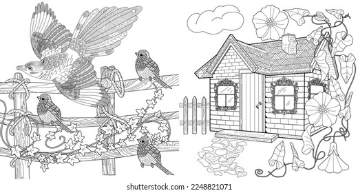 Art therapy coloring page. Coloring pictures with a cute village house and a magpie. Fairy tale illustration. Coloring books will make you feel better. 