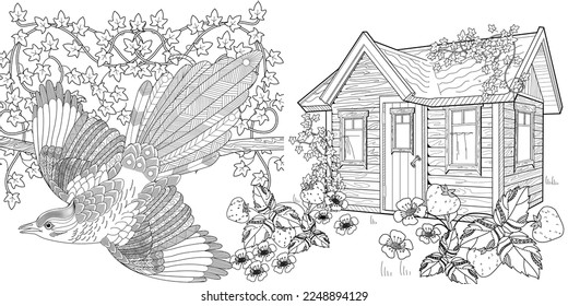 Art therapy coloring page. Coloring pictures with a cute village house and a magpie. Fairy tale illustration. Coloring books will make you feel better. 