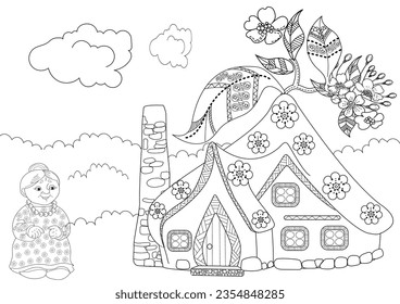 Art therapy coloring page. Coloring pictures with a cute village house. Fairy tale illustration. Coloring books will make you feel better. Coloring drawings is an effective art therapy pr