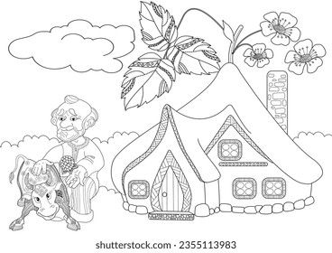 Art therapy coloring page. Coloring pictures with a cute village house. Fairy tale illustration. Coloring books will make you feel better. Coloring drawings is an effective art therapy pr