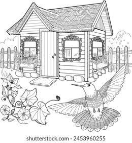 Art therapy coloring page. Coloring pictures with a cute village house and birds. Fairy tale illustration. Coloring books will make you feel better. Coloring drawings is an effective art therapy 