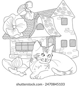 Art therapy coloring page. Coloring pictures with a cute village house and cat. Fairy tale illustration. Coloring books will make you feel better. Coloring drawings is an effective art therapy practic