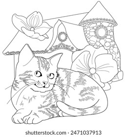 Art therapy coloring page. Coloring pictures with a cute village house and cat. Fairy tale illustration. Coloring books will make you feel better. Coloring drawings is an effective art therapy practic