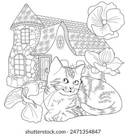 Página para colorear de terapia artística. Dibujos para colorear con una linda casa de pueblo y gato. Ilustración de cuento de hadas. Los libros para colorear te harán sentir mejor. Dibujos para colorear es una práctica de terapia artística eficaz