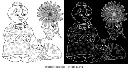 Art therapy coloring page. Coloring pictures with cat. Fairy tale illustration. Coloring books will make you feel better. 