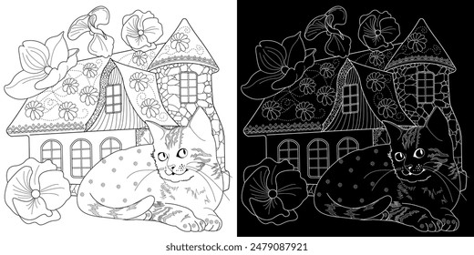Art therapy coloring page. Coloring pictures with a cute village house and cat. Fairy tale illustration. Coloring books will make you feel better. 