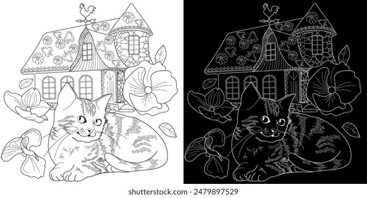 Página para colorear de terapia artística. Dibujos para colorear con una linda casa de pueblo y gato. Ilustración de cuento de hadas. Los libros para colorear te harán sentir mejor. 