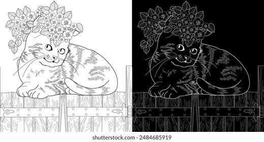 Art therapy coloring page. Coloring pictures with a cute village house and cat. Fairy tale illustration. Coloring books will make you feel better. Coloring drawings is an effective art therapy practic